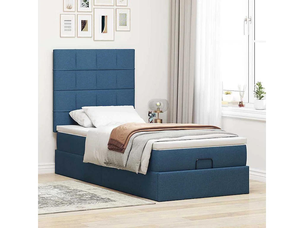 Cadre de lit ottoman avec matelas bleu 90x190 cm tissu