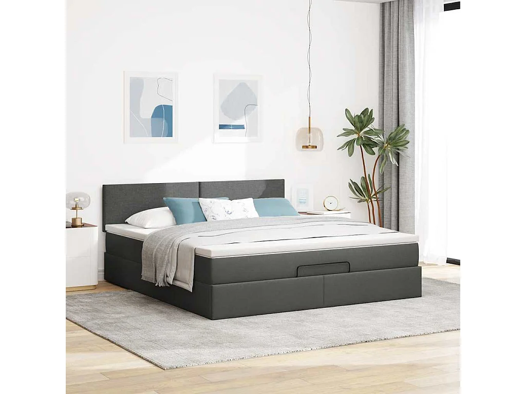 Cadre de lit ottoman avec matelas gris foncé 160x200cm tissu
