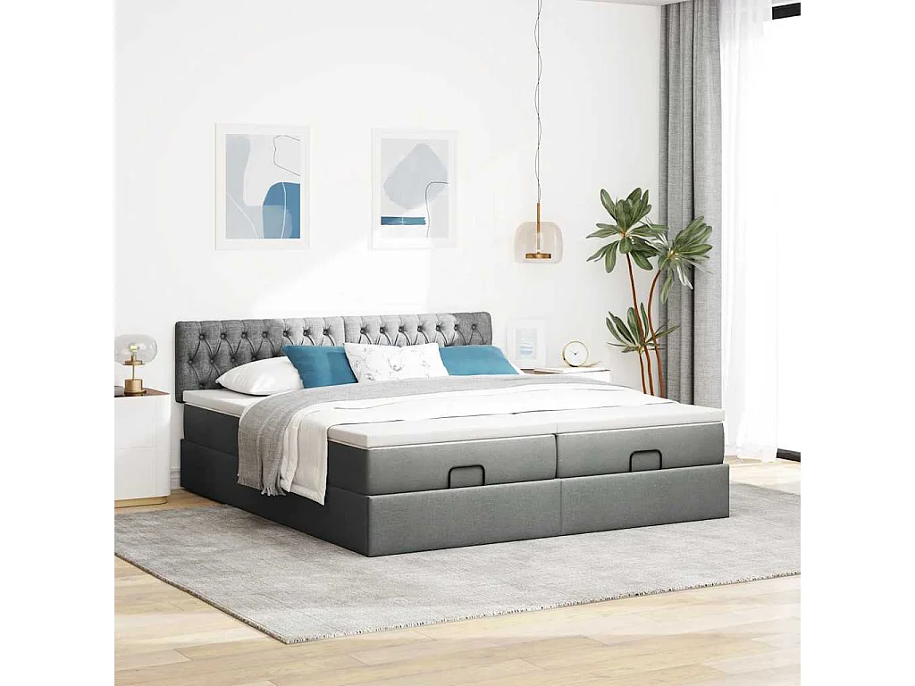 Cadre de lit ottoman avec matelas gris foncé 200x200cm tissu