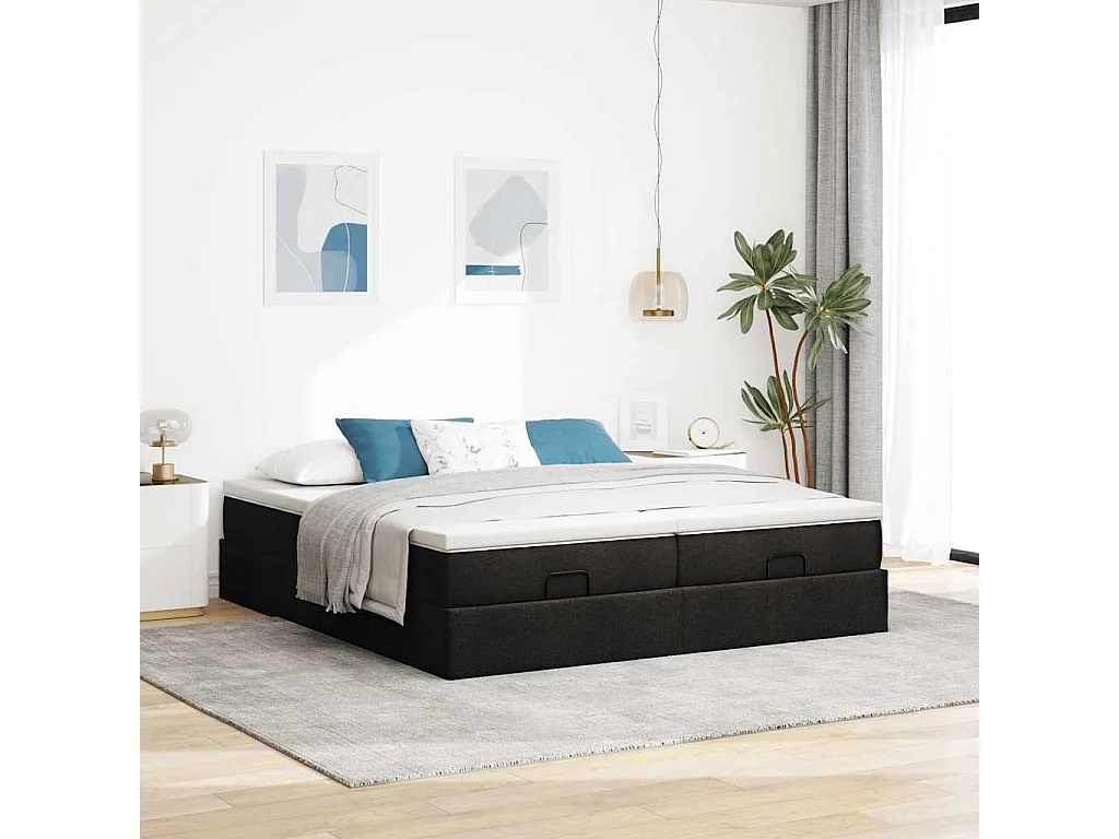 Cadre de lit ottoman avec matelas noir 200x200cm tissu