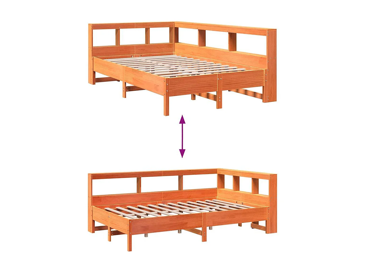 Lit bibliothèque sans matelas cire marron 120x190cm pin massif
