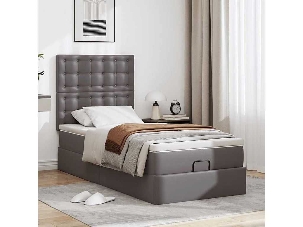 Cadre de lit ottoman avec matelas gris 90x190 cm similicuir