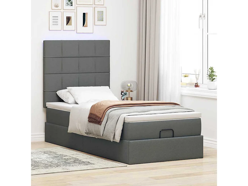 Cadre de lit ottoman avec matelas gris foncé 90x190 cm tissu