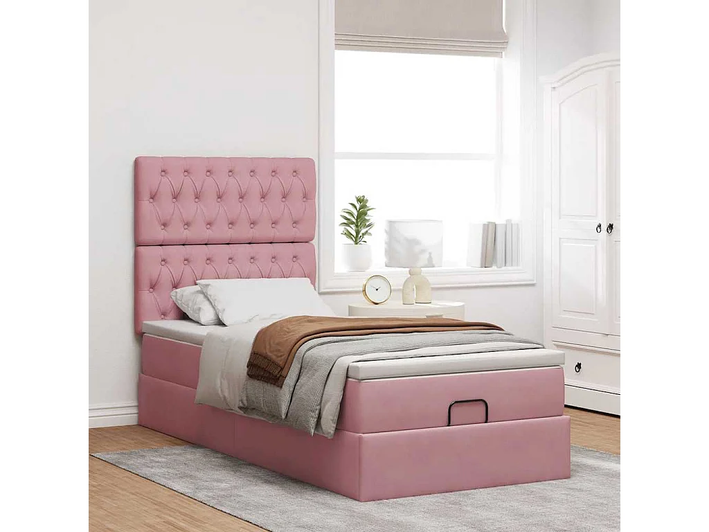 Cadre de lit ottoman avec matelas rose 100x200 cm velours