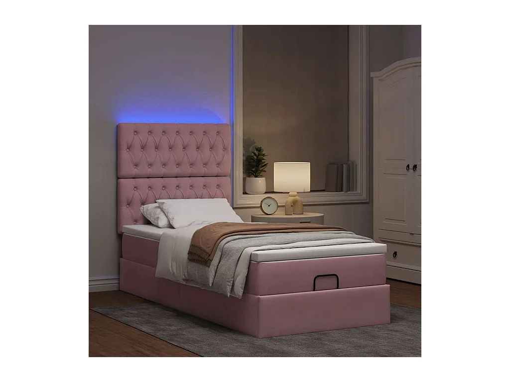 Cadre de lit ottoman avec matelas rose 100x200 cm velours