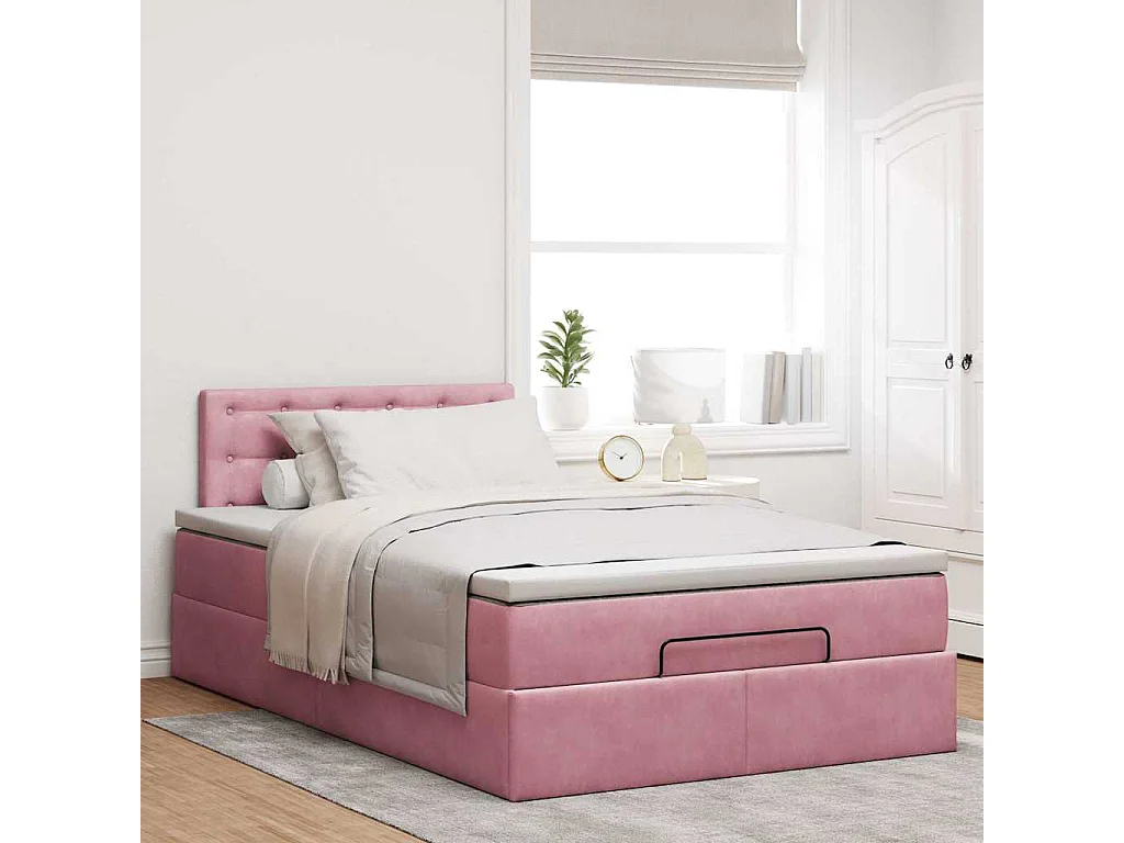 Estructura de cama otomana colchón terciopelo rosa 120x200cm