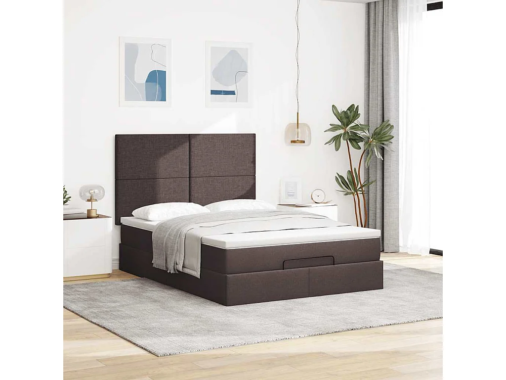 Cadre de lit ottoman avec matelas marron foncé 140x200 cm tissu