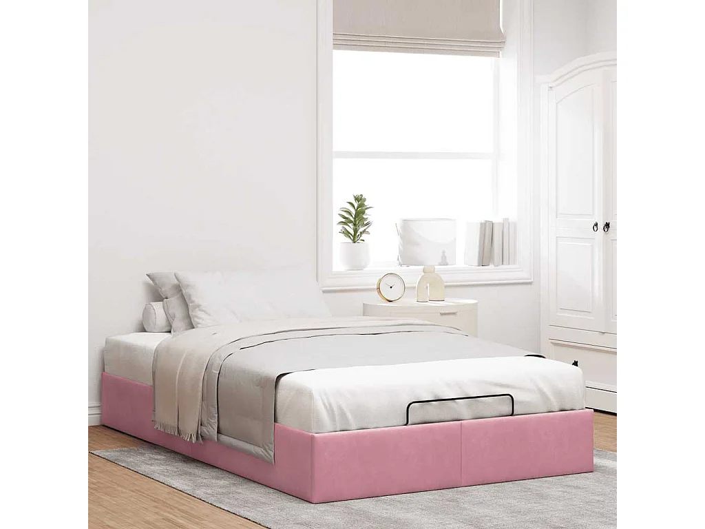 Estructura cama otomana sin colchón terciopelo rosa 120x190 cm