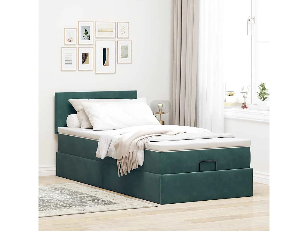 Estructura de cama otomana colchón terciopelo verde oscuro