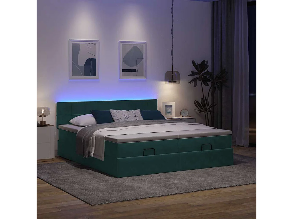 Estructura de cama otomana colchones terciopelo verde oscuro