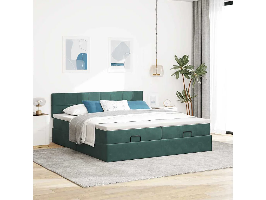 Estructura de cama otomana colchones terciopelo verde oscuro