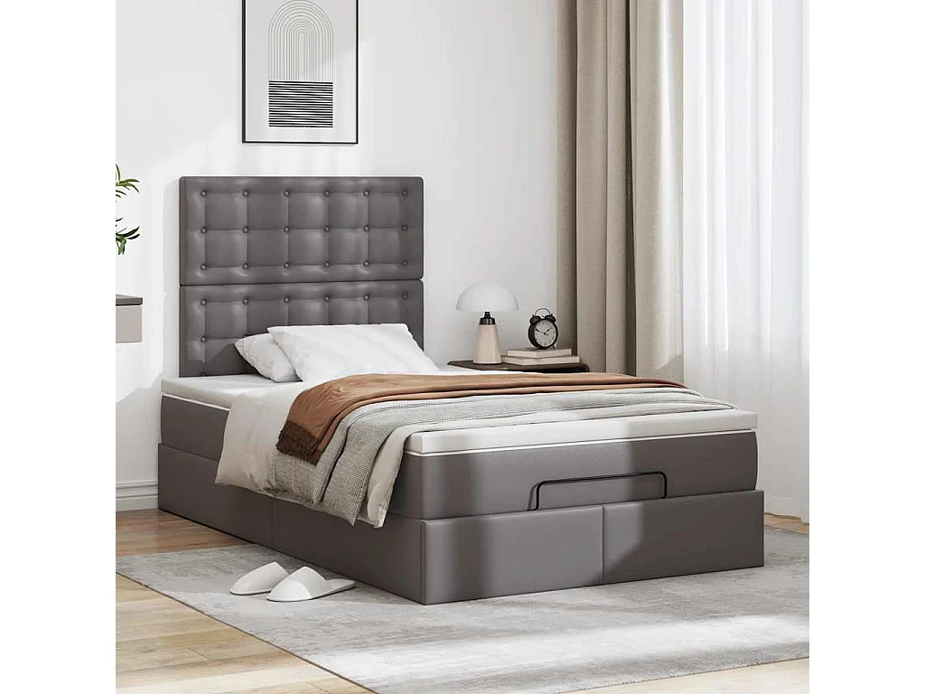 Estructura cama otomana colchón gris 120x190 cm cuero sintético