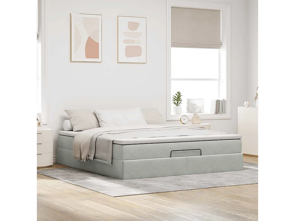 Cadre de lit ottoman avec matelas gris clair 160x200 cm velours