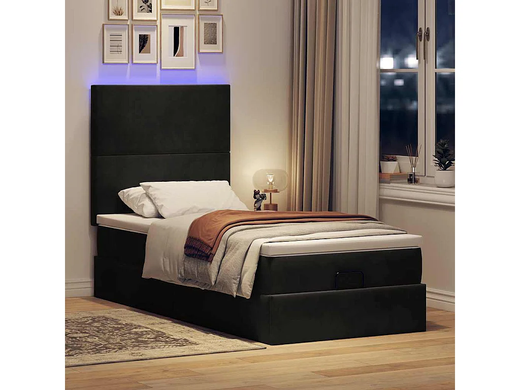 Cadre de lit ottoman avec matelas noir 90x200 cm velours
