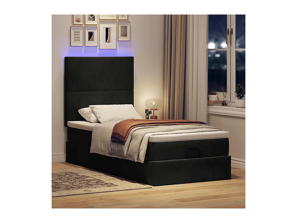 Estructura cama otomana colchones terciopelo negro 90x200 cm