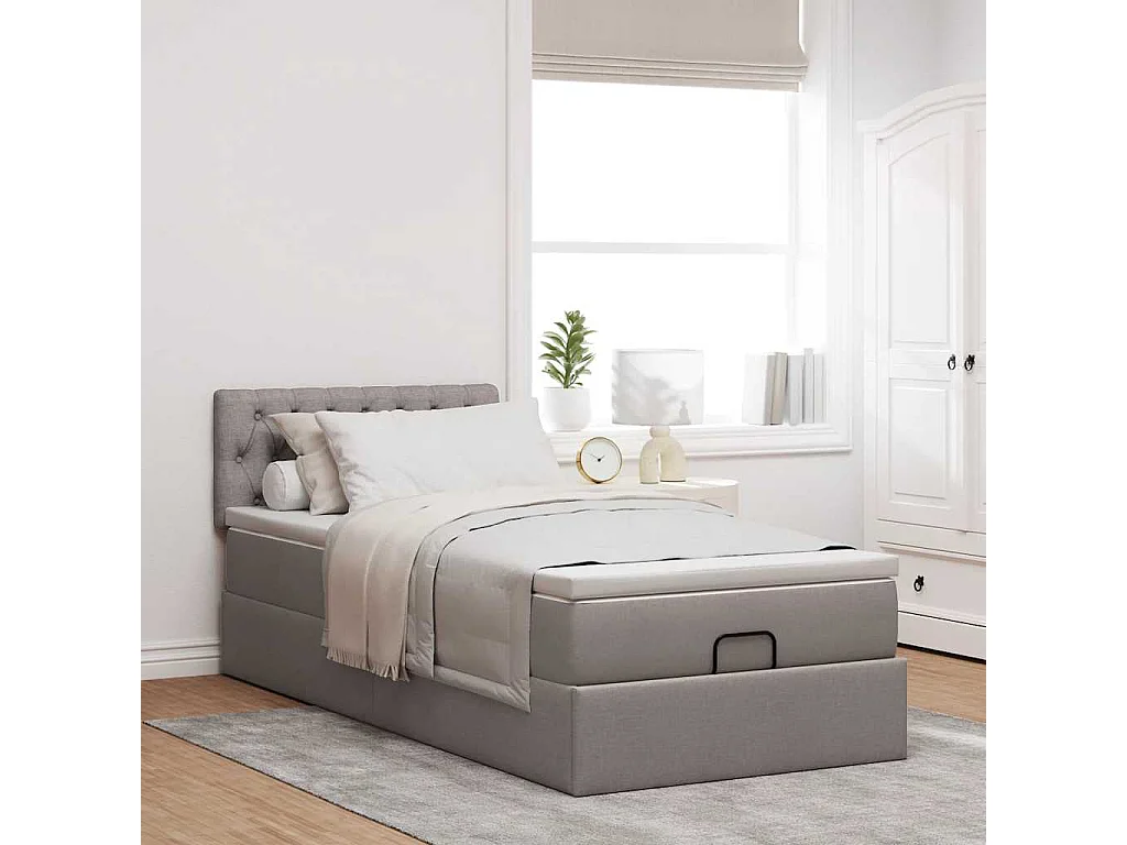 Cadre de lit ottoman avec matelas taupe 80x200 cm tissu