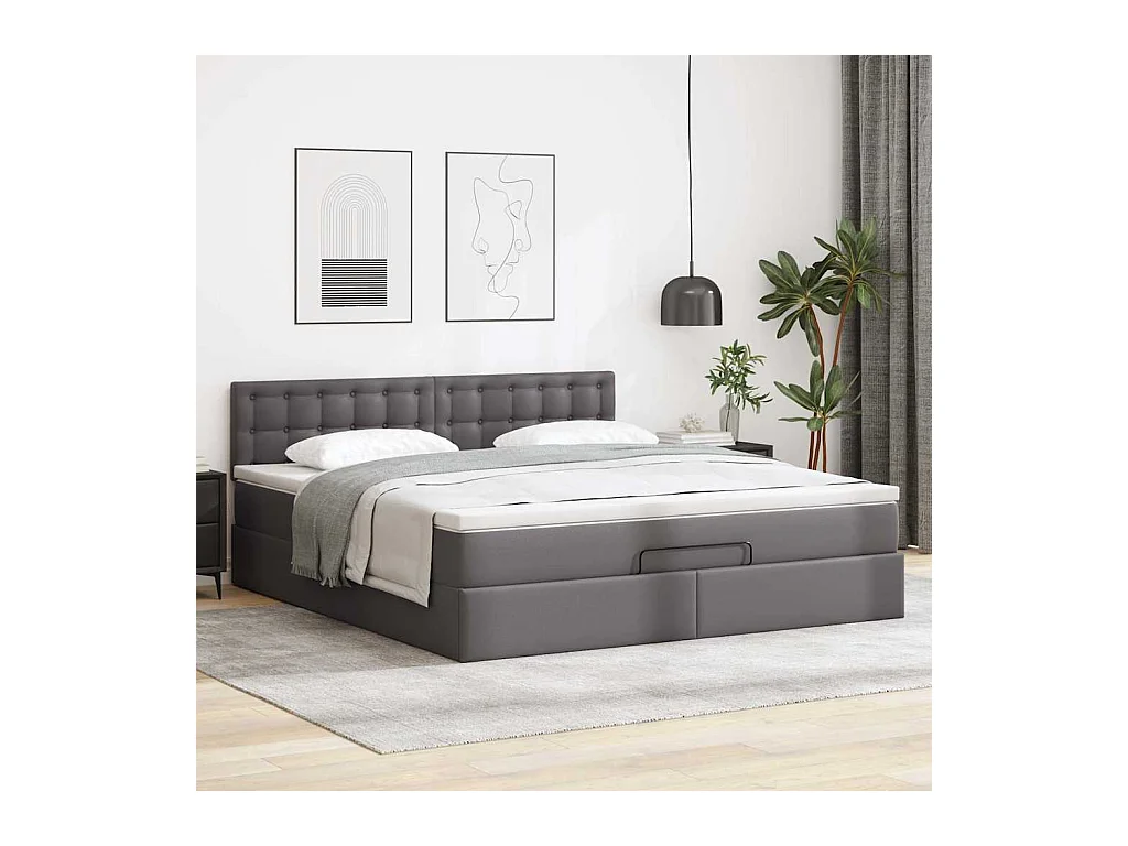 Cadre de lit ottoman avec matelas gris 160x200 cm similicuir