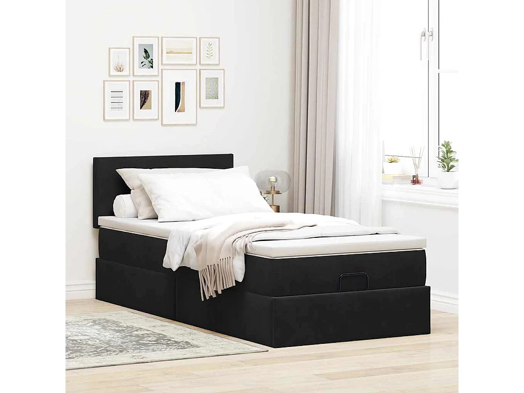 Cadre de lit ottoman avec matelas noir 90x190 cm velours