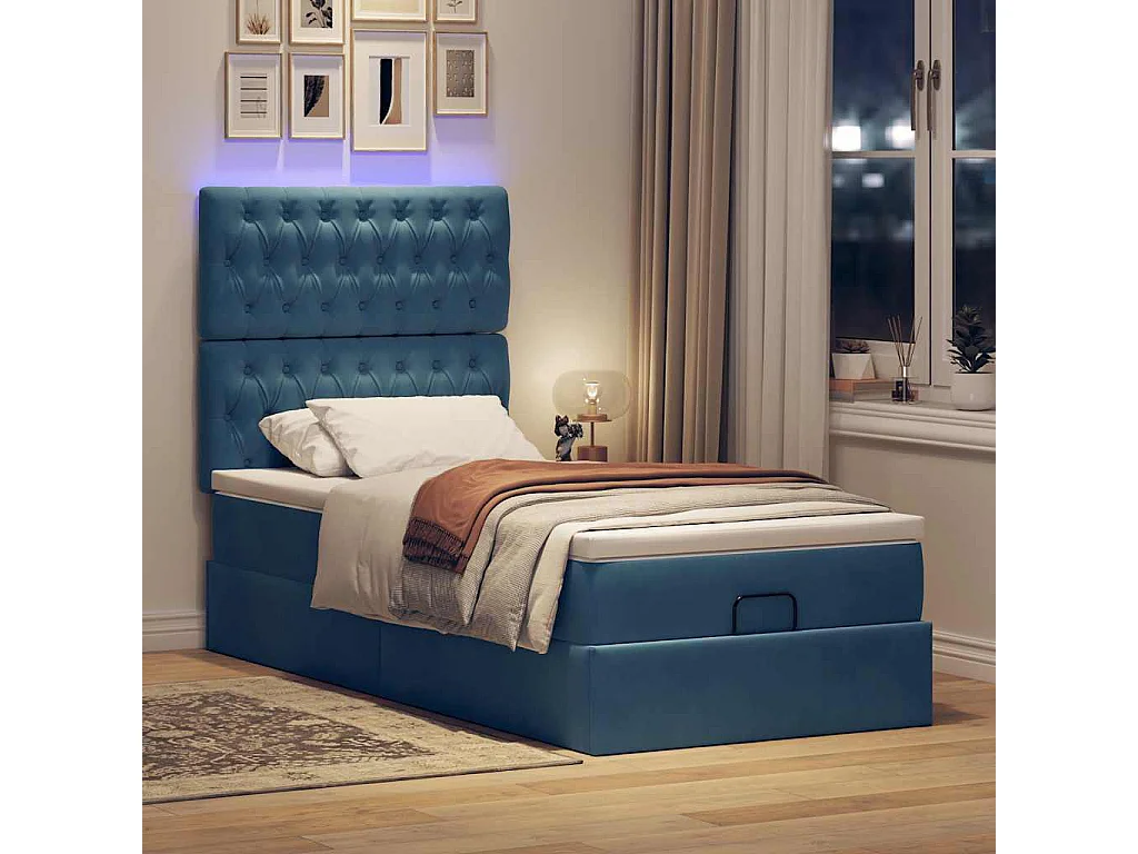 Cadre de lit ottoman avec matelas bleu foncé 80x200 cm velours