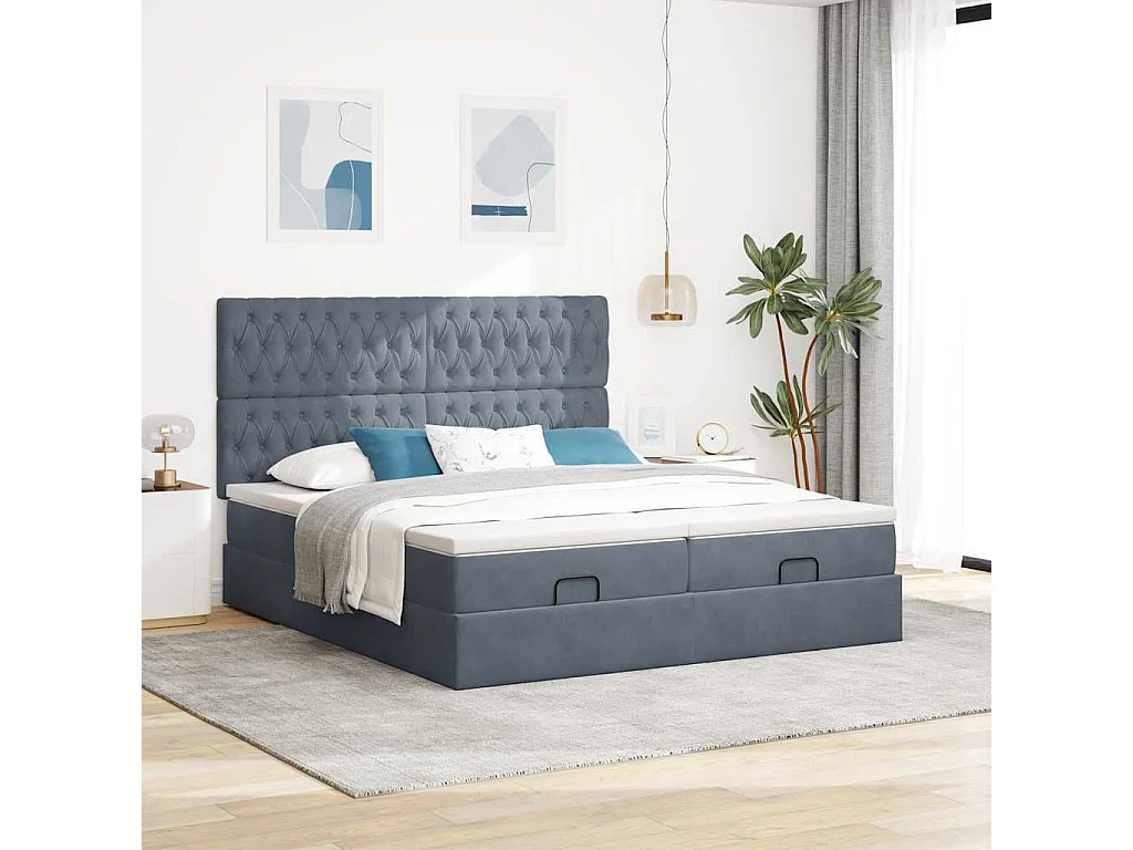 Cadre de lit ottoman avec matelas gris foncé 180x200cm velours