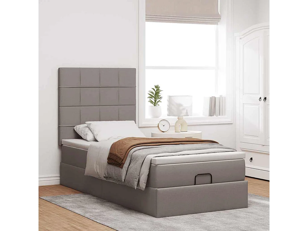 Cadre de lit ottoman avec matelas taupe 90x190 cm tissu
