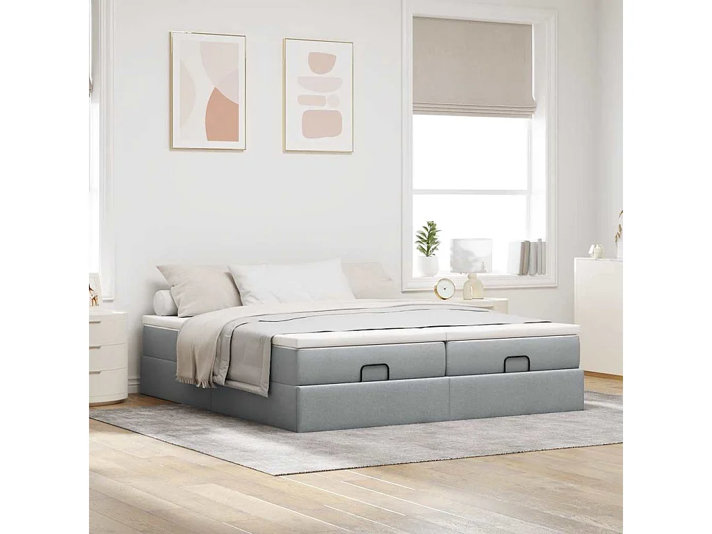 Cadre de lit ottoman et matelas gris clair 200x200cm tissu