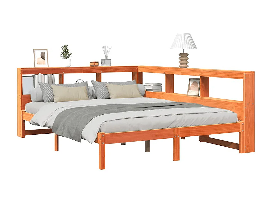 Bed met boekenkast zonder matras grenenhout wasbruin 140x200 cm