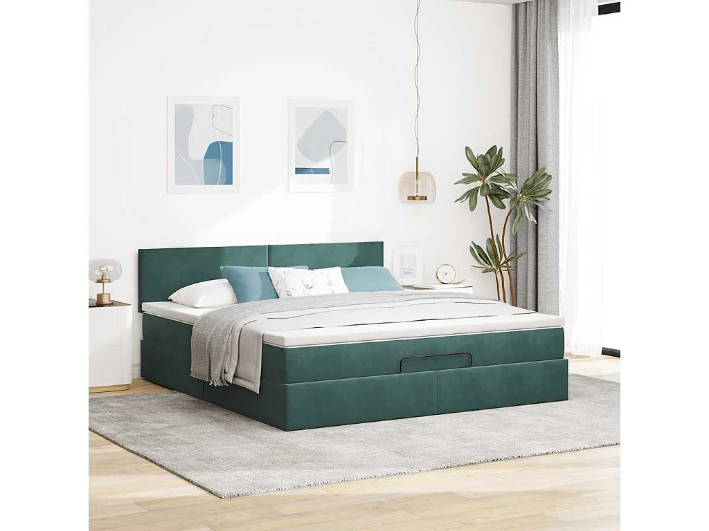 Cadre de lit ottoman avec matelas vert foncé 160x200 cm velours