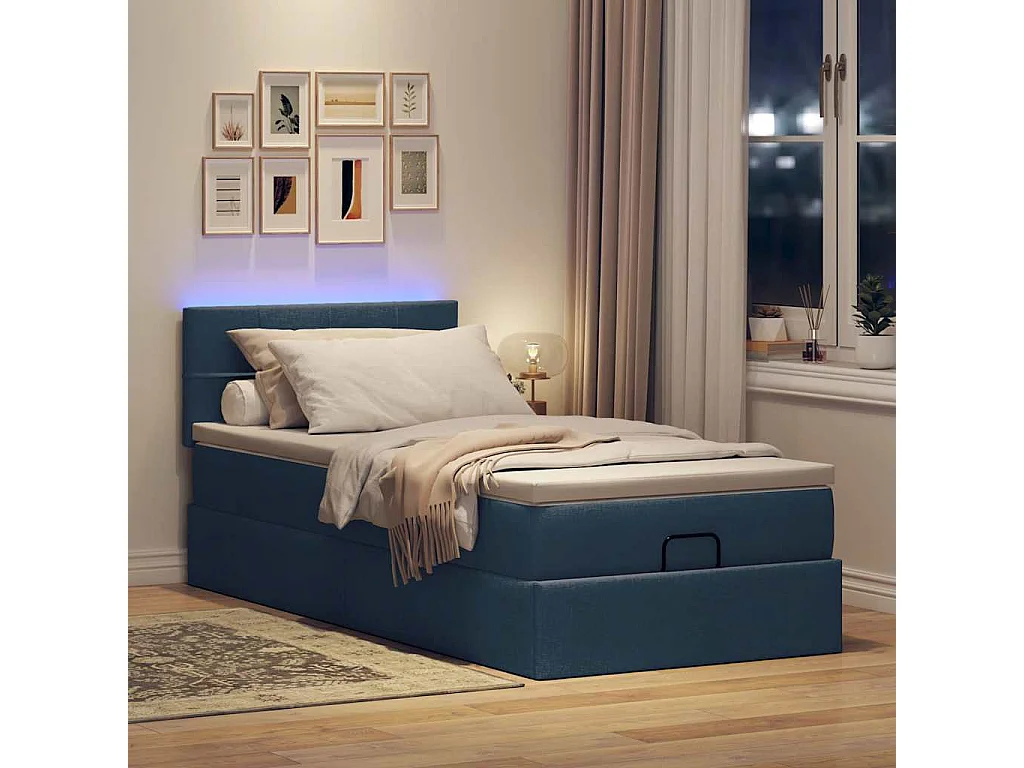 Lit ottoman avec matelas bleu 100x200 cm tissu