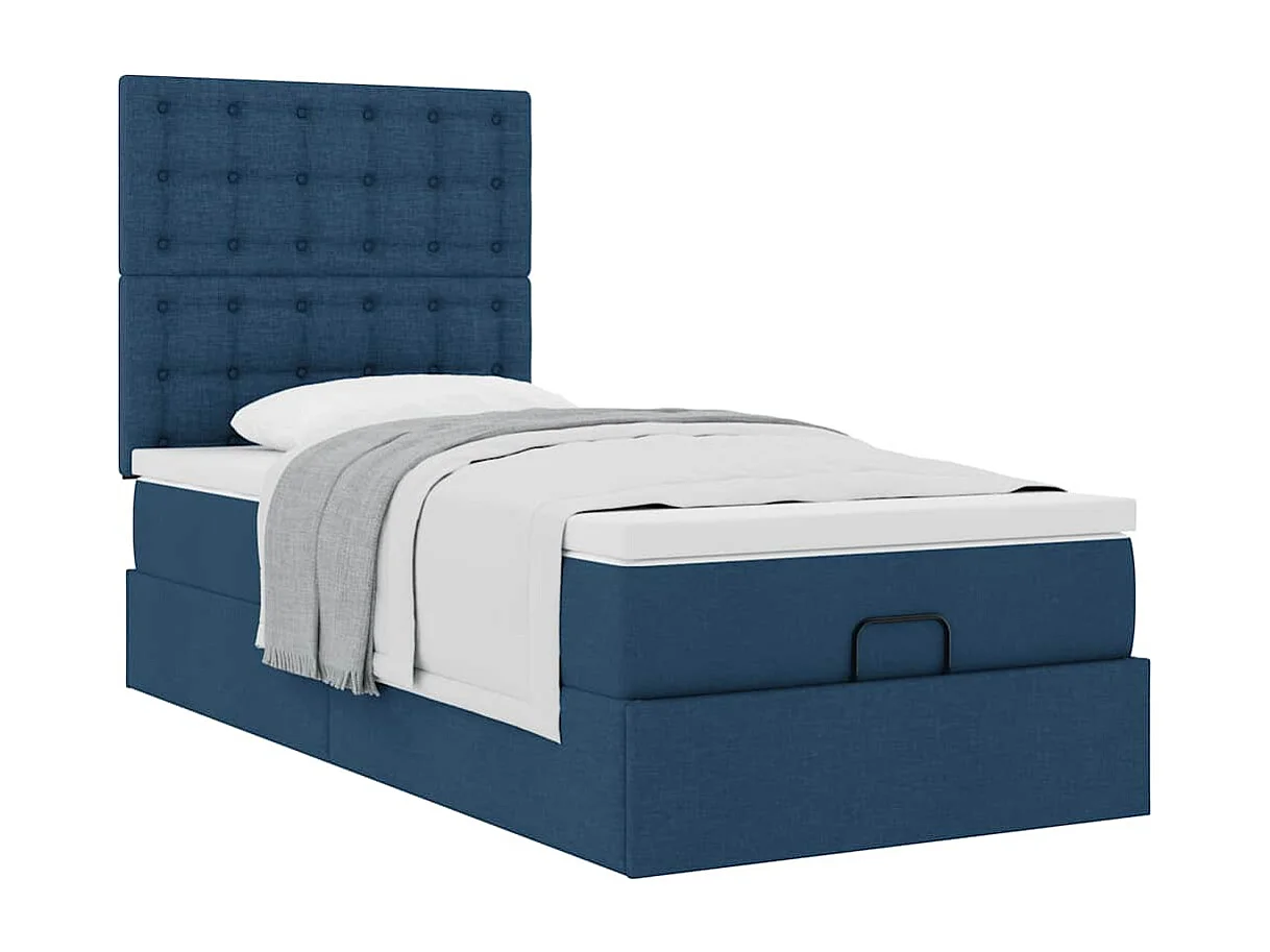 Cadre de lit ottoman avec matelas bleu 90x190 cm tissu