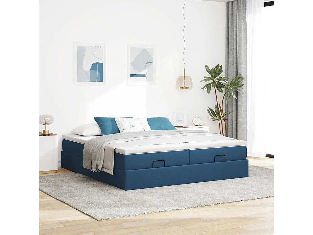 Cadre de lit ottoman avec matelas bleu 180x200 cm tissu