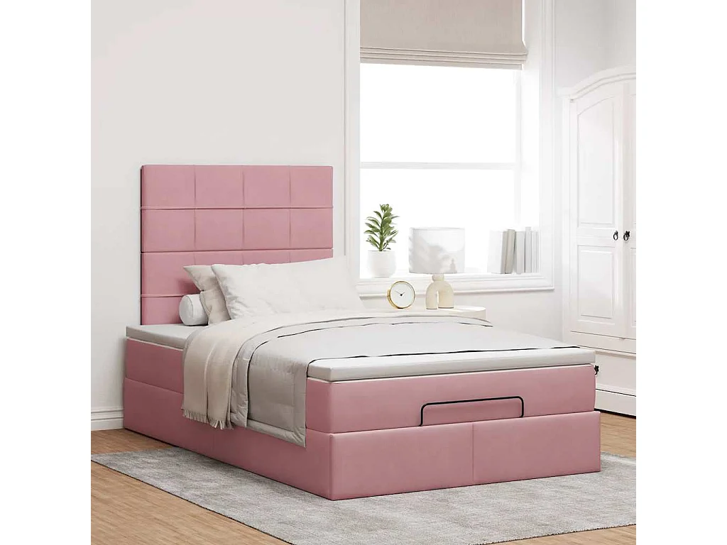 Cadre de lit ottoman avec matelas rose 120x190 cm velours