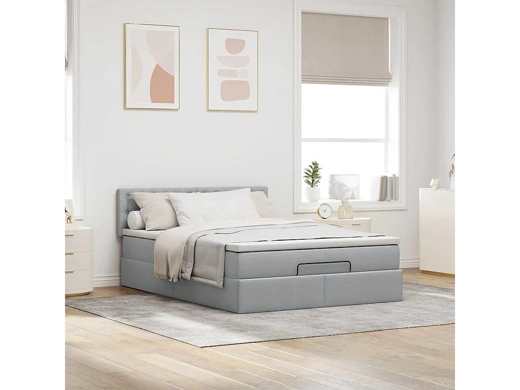 Cadre de lit ottoman et matelas gris clair 140x200 cm tissu