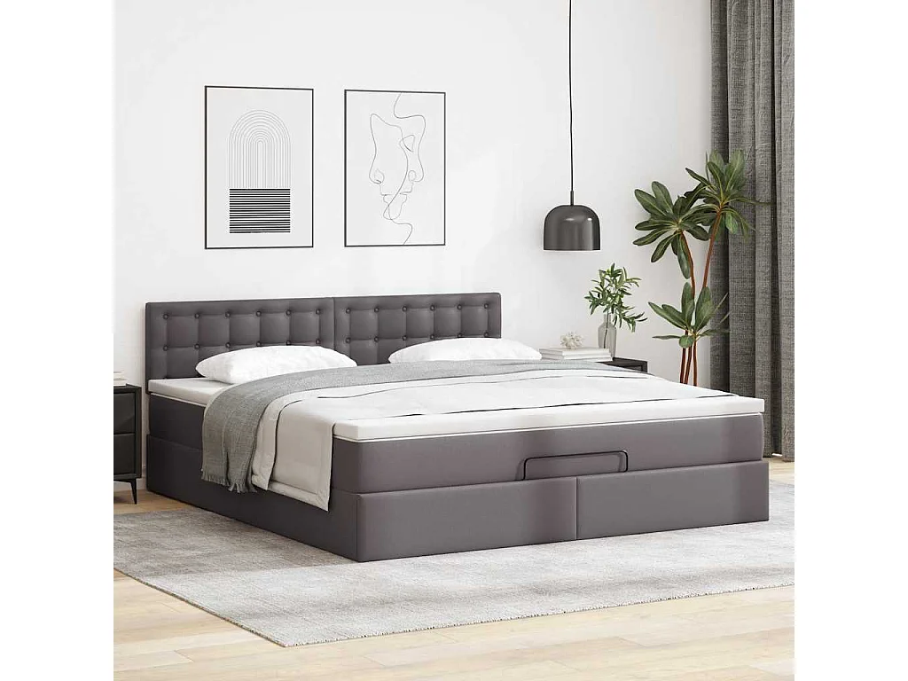 Estructura cama otomana colchón cuero sintético gris 180x200cm