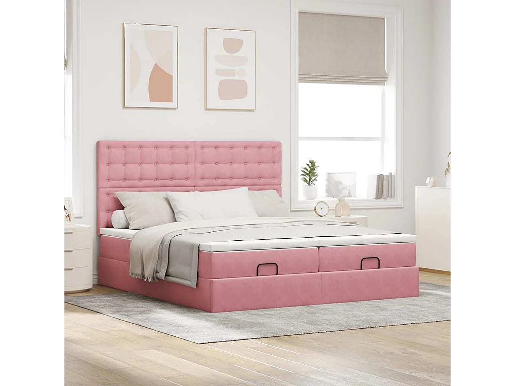 Estructura de cama otomana colchones terciopelo rosa 180x200cm
