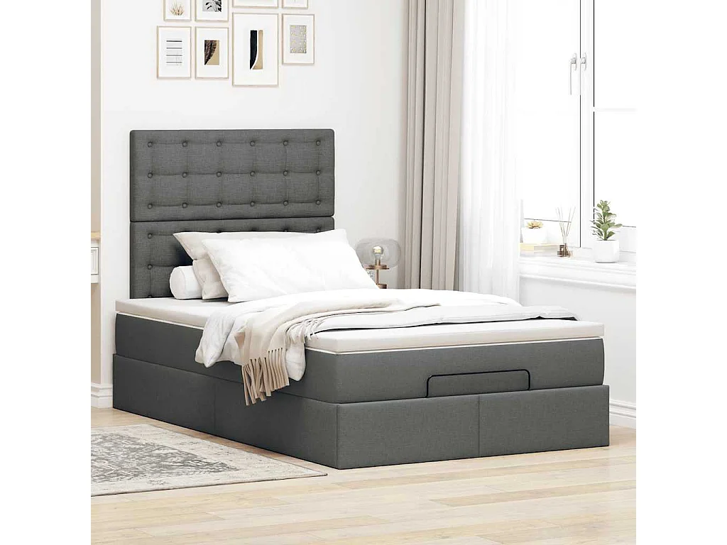Cadre de lit ottoman avec matelas gris foncé 120x190 cm tissu
