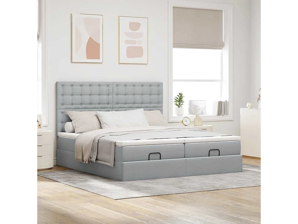 Cadre de lit ottoman et matelas gris clair 200x200cm tissu