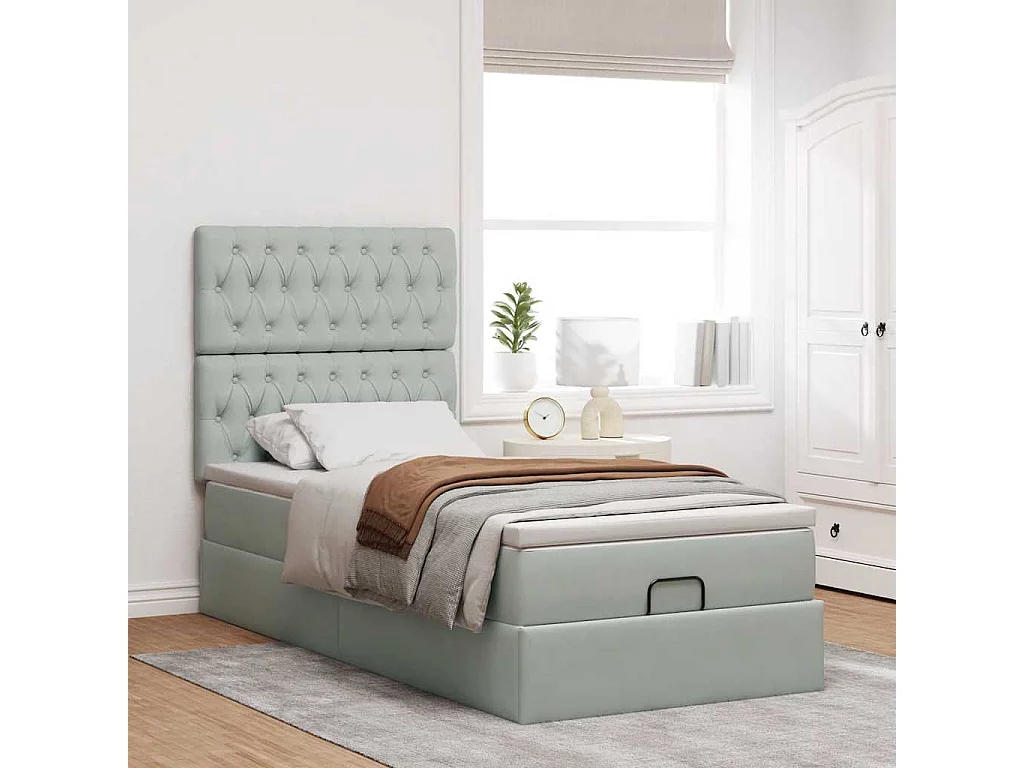 Cadre de lit ottoman et matelas gris clair 100x200 cm velours