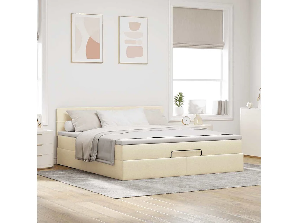Estructura de cama otomana con colchón tela crema 180x200cm