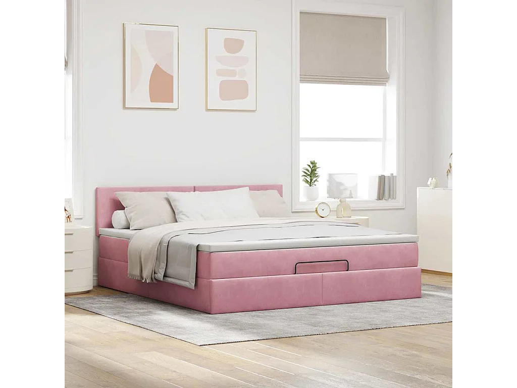 Estructura cama otomana con colchón terciopelo rosa 180x200 cm
