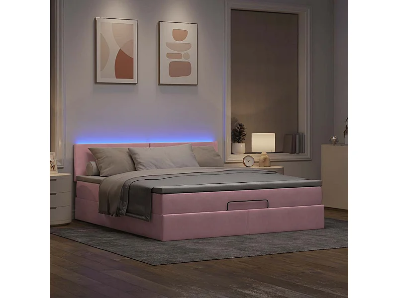 Estructura cama otomana con colchón terciopelo rosa 180x200 cm