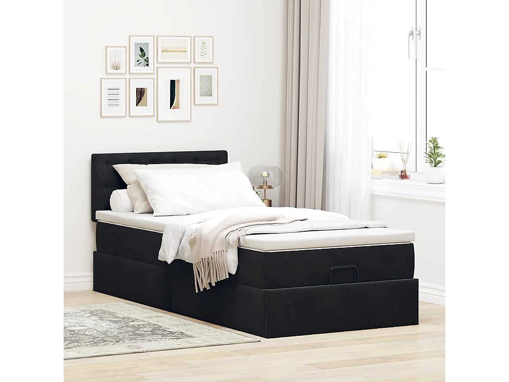 Cadre de lit ottoman avec matelas noir 90x190 cm velours