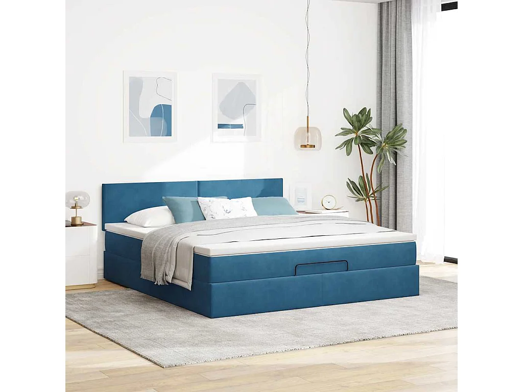 Cadre de lit ottoman avec matelas bleu foncé 180x200 cm velours