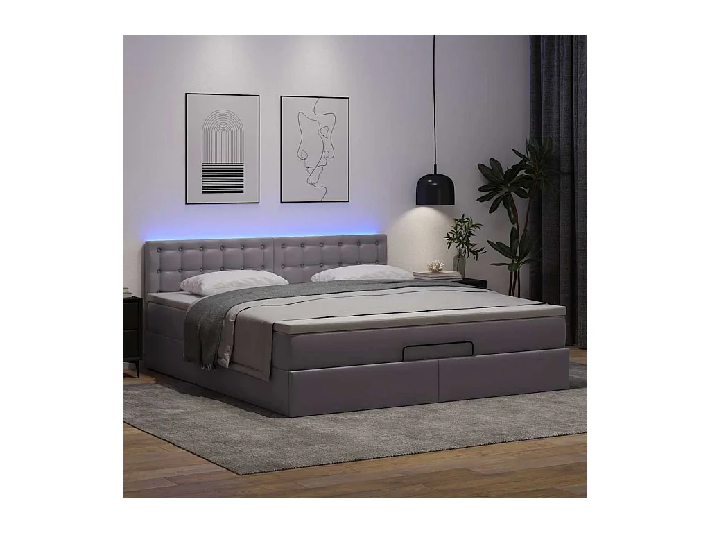 Estrutura de cama otomana com colchão cinza couro falso