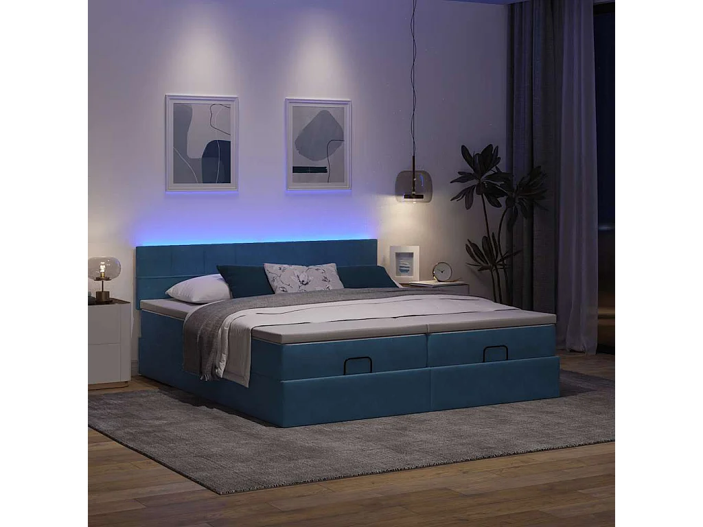 Estructura de cama otomana colchones terciopelo azul oscuro