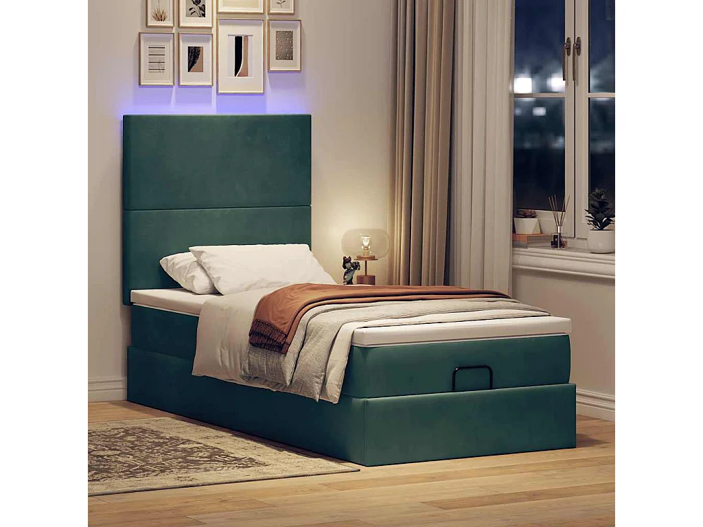 Cadre de lit ottoman avec matelas vert foncé 90x190 cm velours