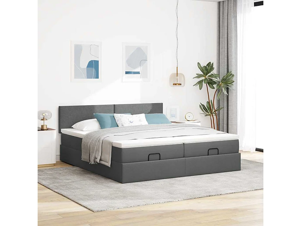 Cadre de lit ottoman avec matelas gris foncé 160x200cm tissu
