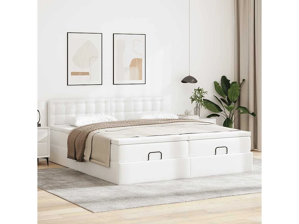 Estrutura de cama otomana com colchão branco couro falso
