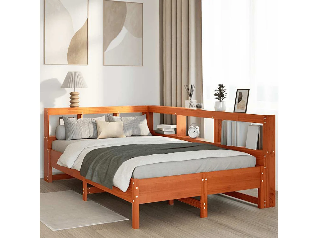 Bed met boekenkast zonder matras grenenhout wasbruin 120x200 cm