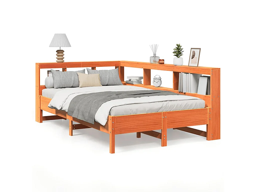 Bed met boekenkast zonder matras grenenhout wasbruin 120x200 cm